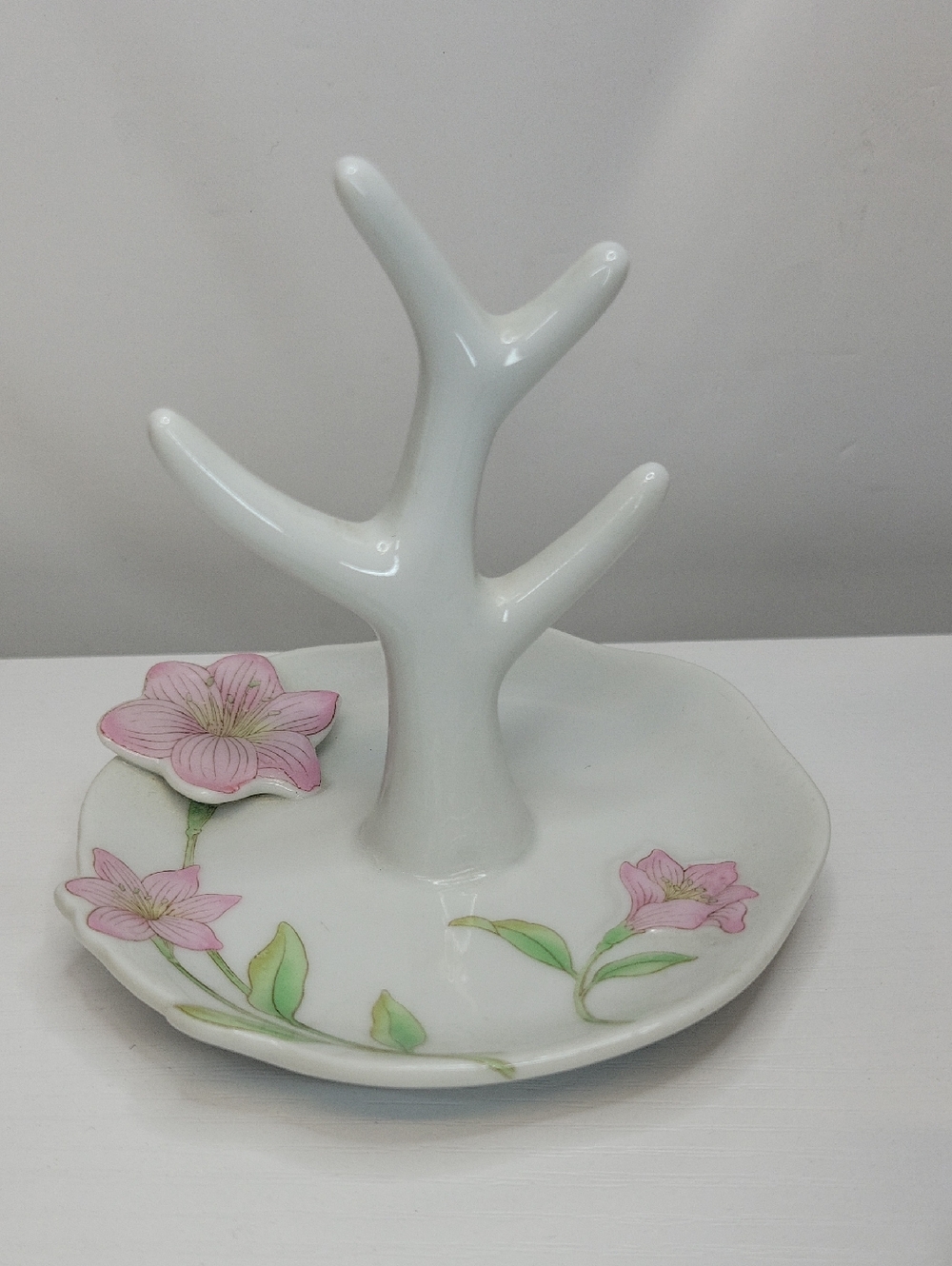 Made In Japan Ceramic Jewelry Tree Dish with Pink Floral Accents